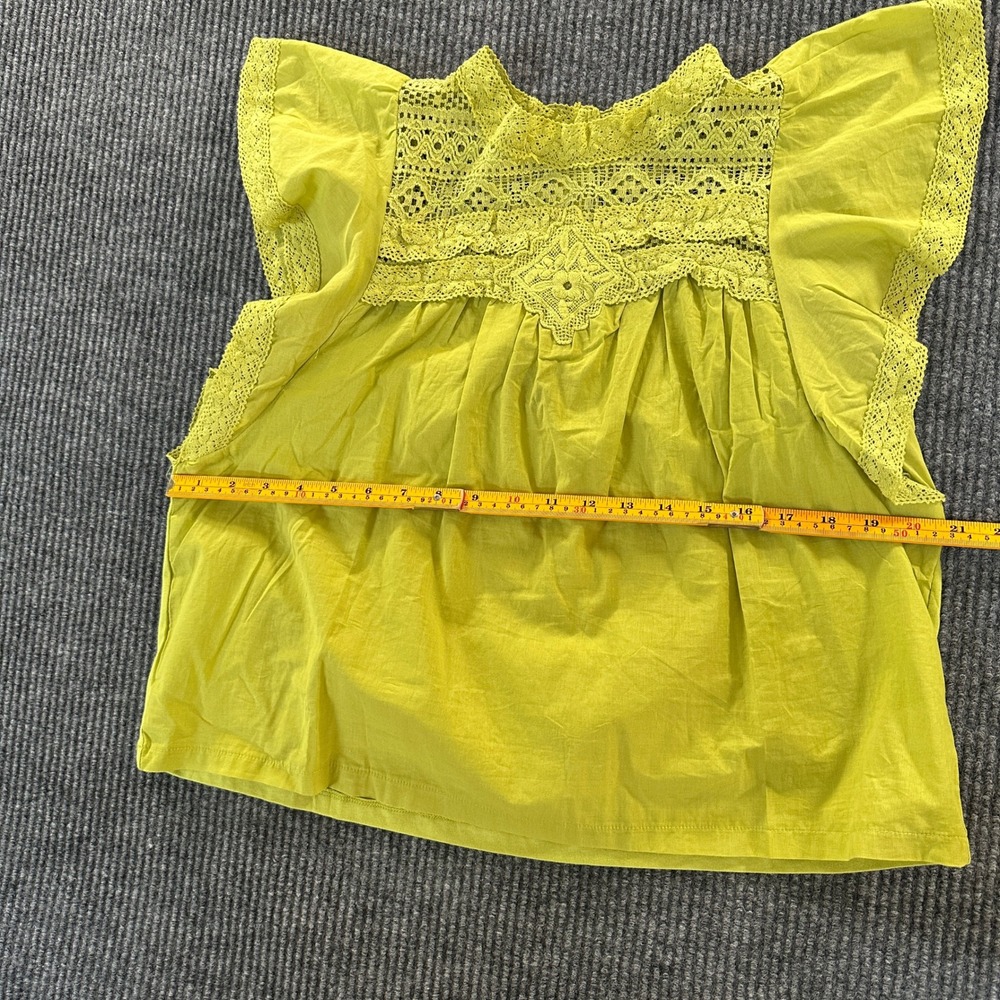 Calligraphie Blouse M Lime Green Cotton Crochet Lace Flutter Sleeve Top - Picture 6 of 9
